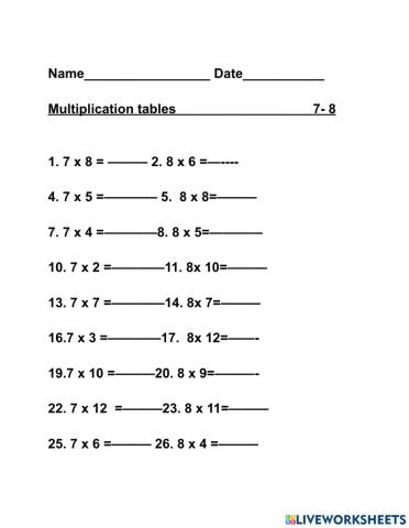 Times tables 7 and 8
