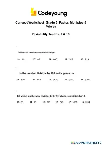 Concept Worksheet-Divisibility Test for 5 & 10
