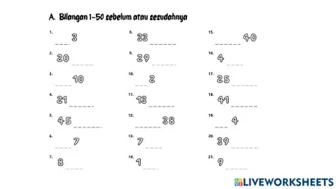 Bilangan 1-50 Sebelum dan Sesudah A