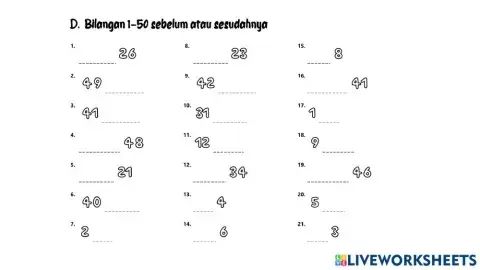 Bilangan 1-50 Sebelum dan Sesudah D
