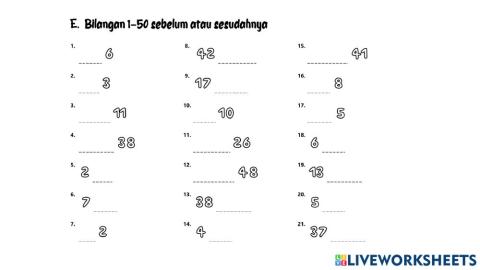 Bilangan 1-50 Sebelum dan Sesudah E