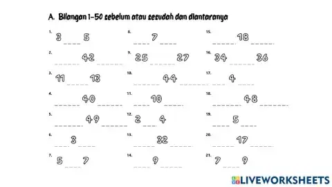 Bilangan 1-50 Sebelum, Sesudah dan Diantaranya A