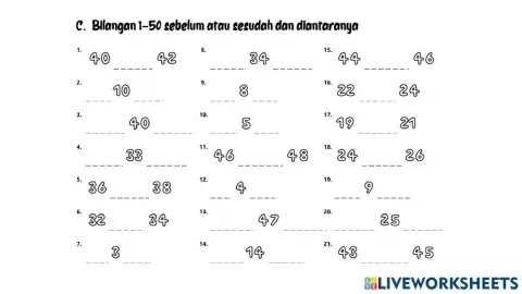 Bilangan 1-50 Sebelum, Sesudah dan Diantaranya C