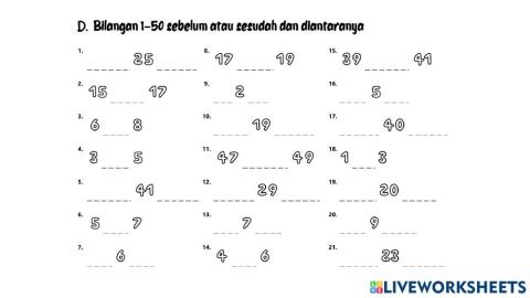 Bilangan 1-50 Sebelum, Sesudah dan Diantaranya D