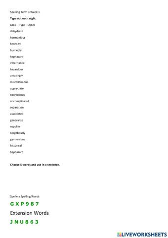 Spelling Term 3 Week 1 Extension Words