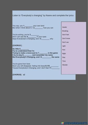 A2 song worksheet everybodys changing keane