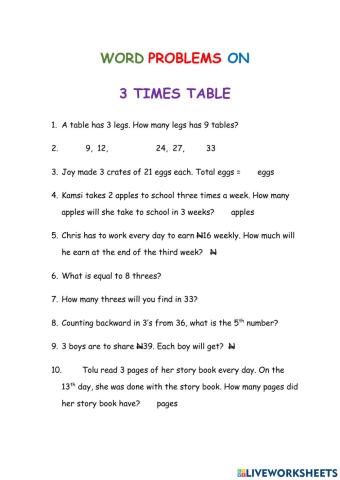 Word problems on 3 times table