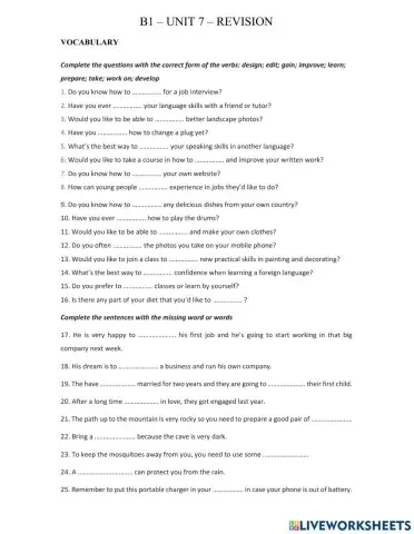 B1 - unit 7 - revision - Summer 2022