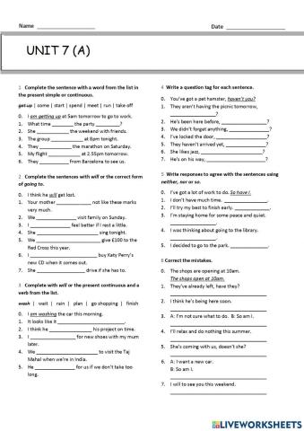 worksheet: Think 2 Unit 7 grammar