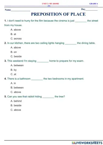 English 6 - unit 2 - preposition of place
