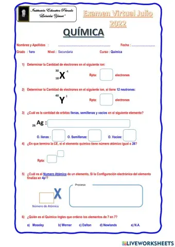 Examen de Quimica 1ero sec