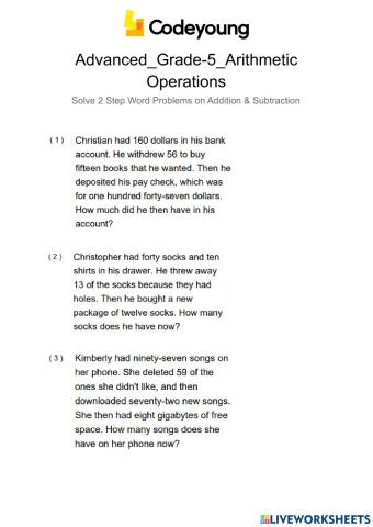Advanced-Solve 2 Step Word Problems on Addition & Subtraction