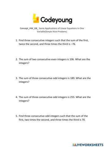 Concept-HW-G8- Some Applications of Linear Equations In One Variable(Simple Word Problems)