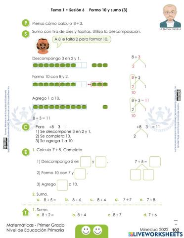 Matemáticas Primer Grado Mineduc 2022 pág. 102 - Formo 10 y sumo (3). • Tema 1 • Sesión 6