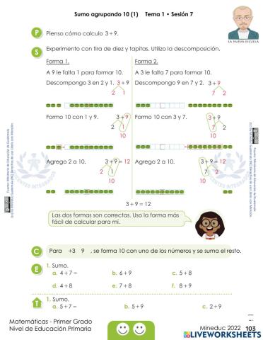 Matemáticas Primer Grado Mineduc 2022 pág. 103 - Sumo agrupando 10 (1) Tema 1 • Sesión 7