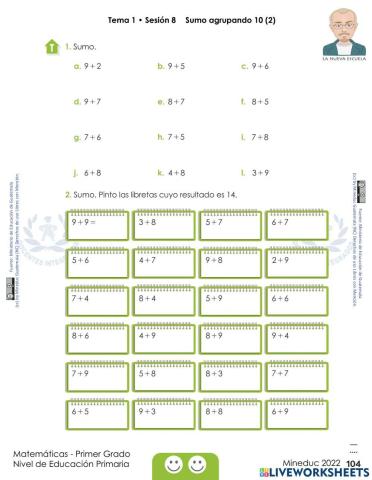 Matemáticas Primer Grado Mineduc 2022 pág. 104 - Sumo agrupando 10 (1) Tema 1 • Sesión 8