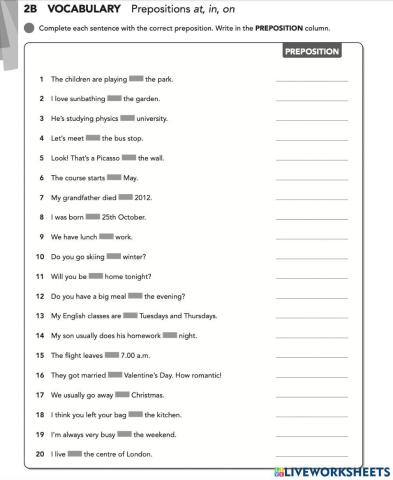 EF Pre-Inter 2B vocabulary Prepositions at, in, on