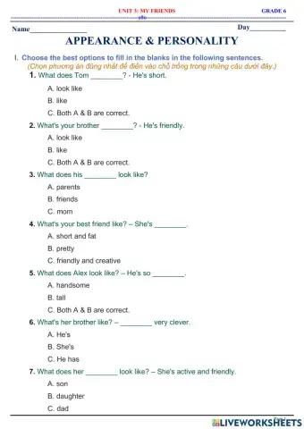 English 6 - Unit 3 - My Friends - Appearance & Personality