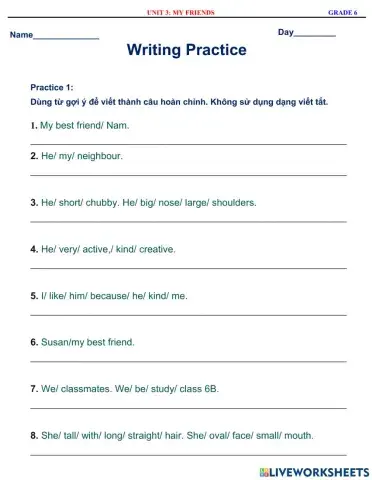English 6 - Unit 3 - My Friends - Writing Practice