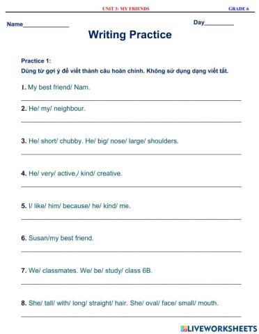 English 6 - Unit 3 - My Friends - Writing Practice