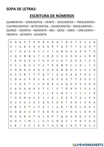 SOPA DE LETRAS ESCRITURA DE NÚMEROS - centenas NIVEL 2 