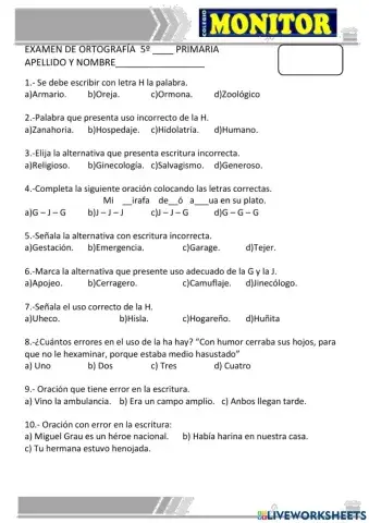 Examen de ortografía uso de letras