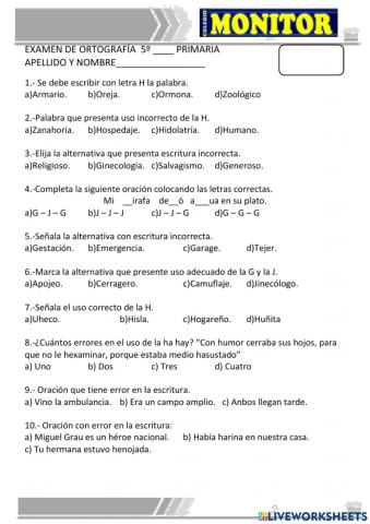 Examen de ortografía uso de letras
