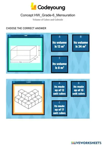 Volume of Cubes and Cuboids Concept HW