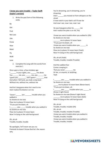 I knew you were trouble - Taylor swift (taylor's version) worksheet