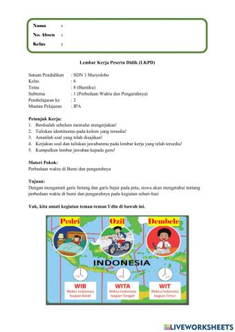 LKPD Kelas 6 Tema 8 Bumiku Subtema 1 Perbedaan Waktu dan Pengaruhnya