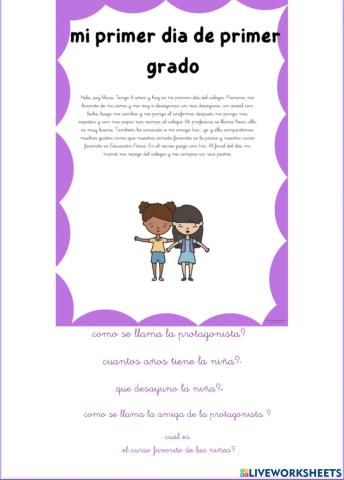 Plan lector: Mi primer dia de primer grado