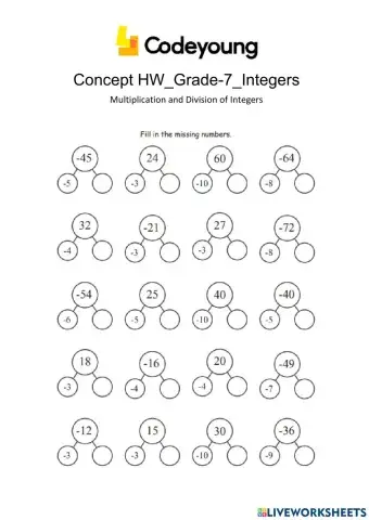 Multiplication and Division of Integers Concept HW