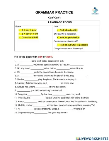GRAMMAR PRACTICE Can- Can't