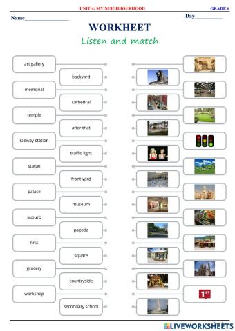 English 6  - Unit 4 - My neighbourhood - Vocabulary - Matching