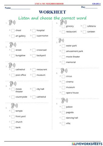 English 6 - Unit 4 - My neighbourhood - Vocabulary - Listening