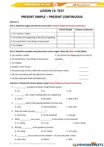 G-Gram-L13-Present Simple - Present Continuous-Test
