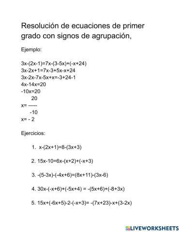 Ecuaciones de primer grado con signos de  agrupación