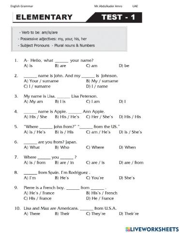 Elementary Test 1 Part 1 Grammar