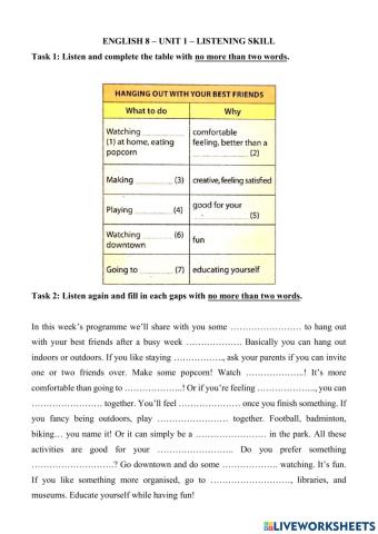 English 8 - Unit 1 - Listening Skill