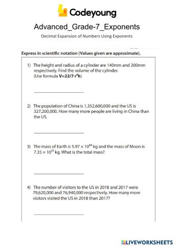 Decimal Expansion of Numbers Using Exponents Advanced