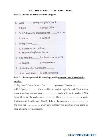 English 6 - Unit 1 - Listening Skill
