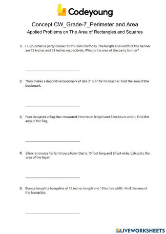 Applied Problems on The Area of Rectangles and Squares Concept CW