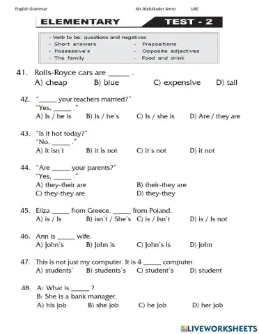 Elementary Test 2 Part 3 Grammar
