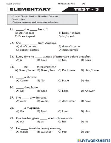Elementary Test 3 Part 2 Grammar