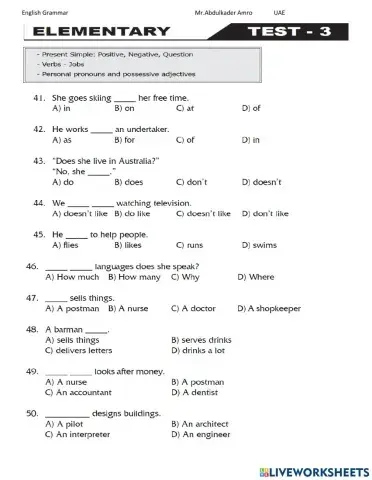 Elementary Test 3 Part 3 Grammar