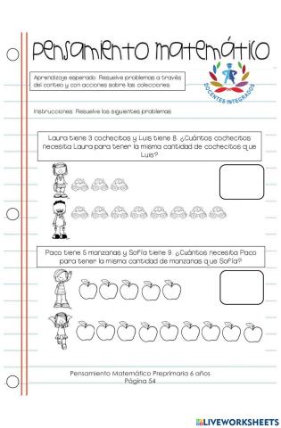 Destrezas de Aprendizaje - Pensamiento Matemático párvulos 6 años pág. 54 - Resuelve Problemas