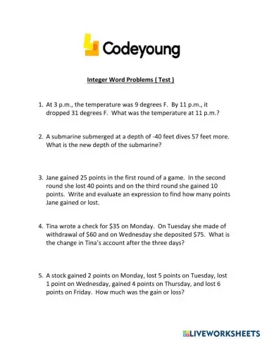 Integer Word Problems ( Test )