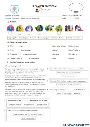 EVALUACIÓN BIMESTRAL QUINTO PRIMARIA