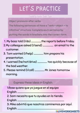 Objects after verbs plus infinitive