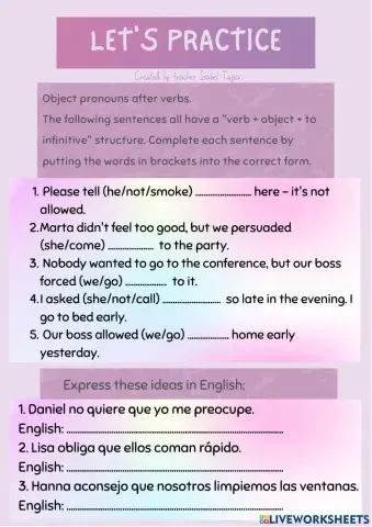 Object pronouns after verbs plus infinitive 2
